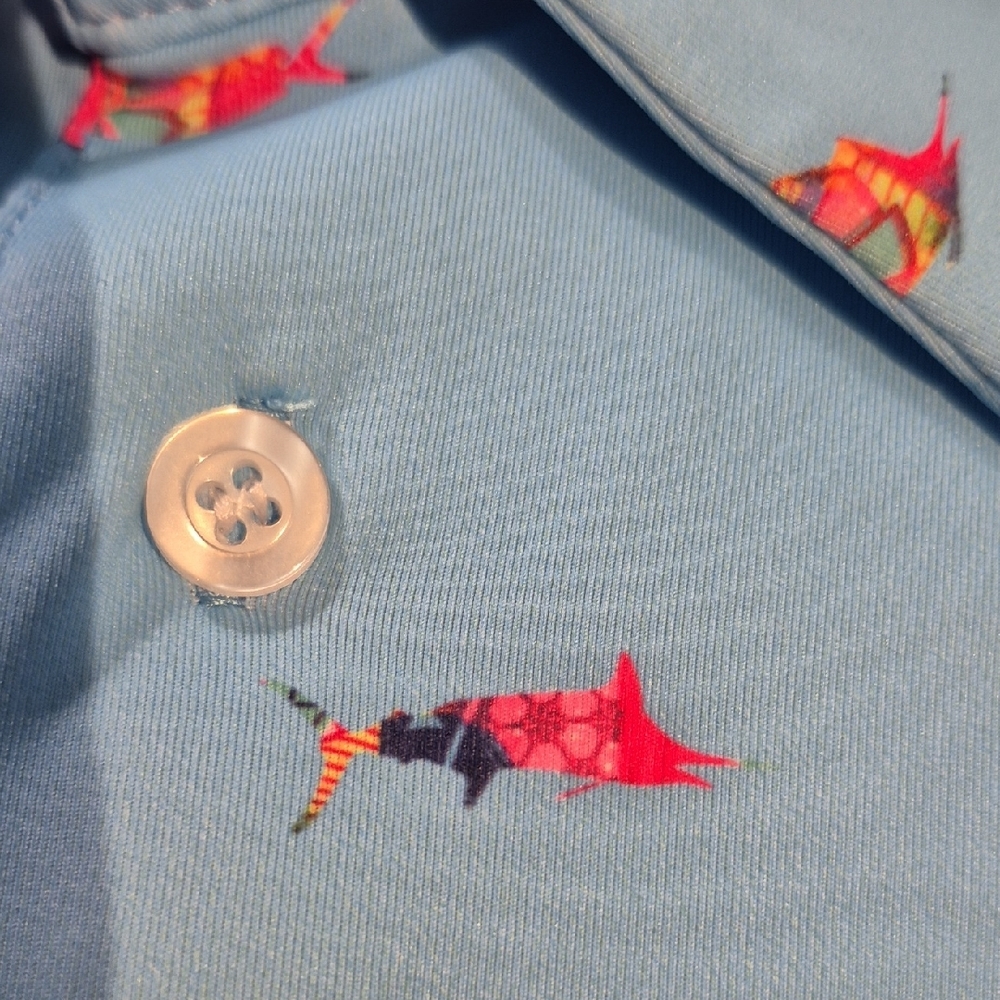 SCALES 3X Golf Polo Short Sleeve Shirt Blue and Pink Tropical Fish Pattern - Picture 15 of 16